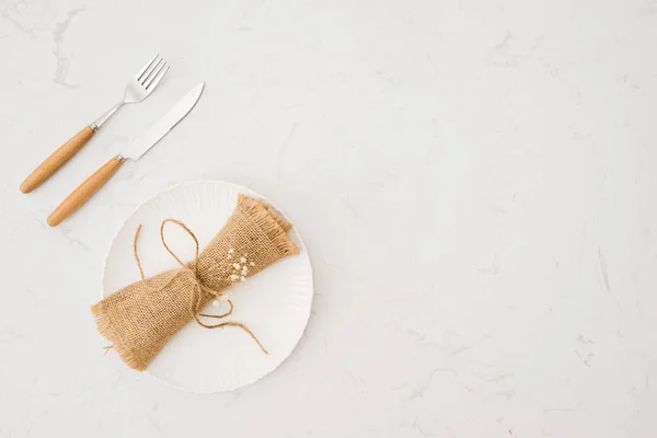 Eating Concept Spoon Fork White Dish White Stone Background — Stock Photo, Image