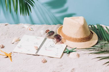 Egzotik tatil (tatil) - tropikal palmiye ağacı yaprakları, şapka, güneş gözlüğü ve üzerinde mavi flip flop gönderin. Adam için plaj aksesuarları.