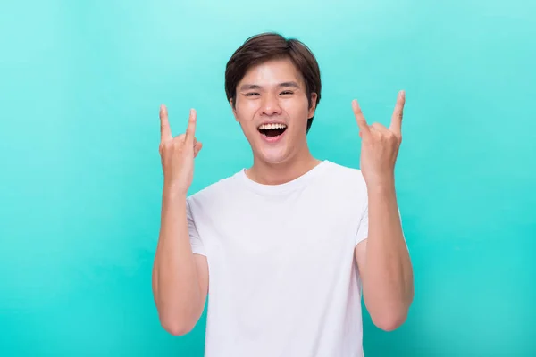 Portrait Man Light Background Showing Gesture His Hands Rock Roll — Stock Photo, Image