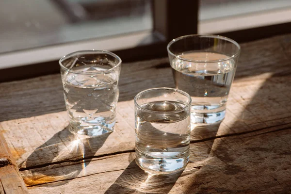 Glasses Water Wooden Floor — Stock Photo, Image