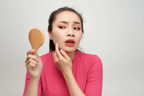 Woman Holding Mirror Touch Worrying Her Face — Stock Photo, Image