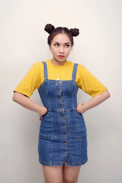 Portrait Grimacing Offended Young Gorgeous Woman Model Hands Waist Bun — Stok Foto