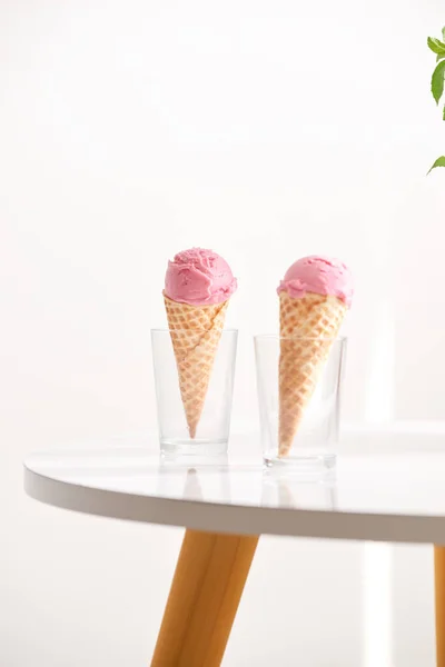 Waffle Cone Filled Fresh Raspberry Ice Cream Glass Cup Fresh — Stock Photo, Image