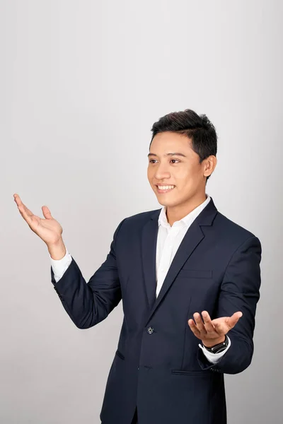 Charming Handsome Young Asian Business Man Holding His Hand Show — Stock Photo, Image