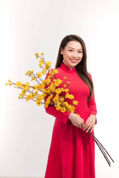Jovem Mulher Asiática Vestido Tradicional Aodai Segurando Hoa Mai Árvore — Fotografia de Stock