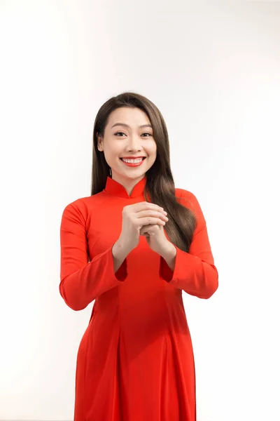 Mulher Beleza Usar Aodai Sorrir Para Você Ano Novo Chinês — Fotografia de Stock