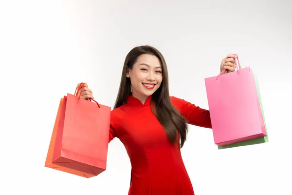 Hermosa Chica Asia Feliz Sonrisa Compras — Foto de Stock