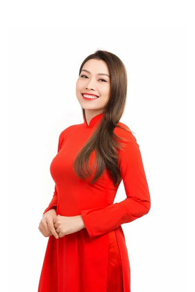 Elegant Young Asian Woman Wear Red Dai Isolated White Background — Stockfoto