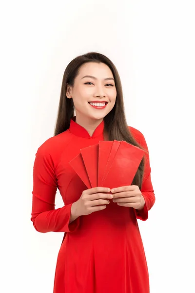 Vietnamese Woman Red Dai Dress Smile Happy Lunar New Year — Stock Photo, Image