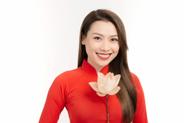 Mulher Beleza Asiática Menina Vietnamita Feliz Bonita Vestindo Vestido Nacional — Fotografia de Stock