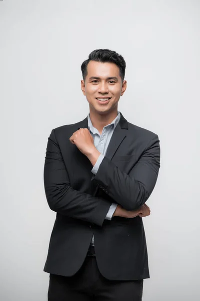 Glücklich Asiatische Chef Manager Geschäftsmann Trägt Schwarzen Anzug Relax Pose — Stockfoto