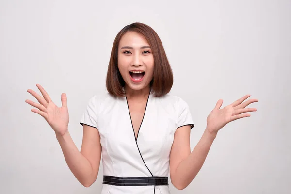 Mujer Asiática Tocando Cara Con Sensación Sorpresa Con Alegría Felicidad —  Fotos de Stock