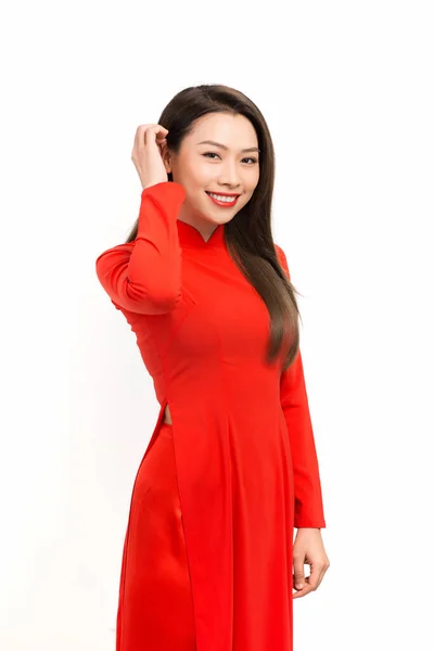 Elegant Young Asian Woman Wear Red Dai Isolated White Background — Stockfoto