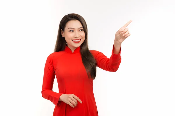 Portrait Young Asian Woman Wearing Red Dai Showing Hand Somewhere — Stock Photo, Image