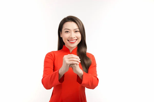 Gelukkig Maanjaar Mooie Aziatische Vrouw Met Felicitatie Gebaar — Stockfoto
