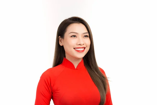 Mujer Vietnamita Rojo Dai Vestido Sonrisa Feliz Año Nuevo Concepto —  Fotos de Stock