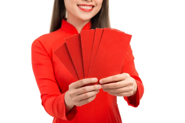 Asian Girl Traditional Dress Take Red Envelopes Lunar New Year — Stock Photo, Image