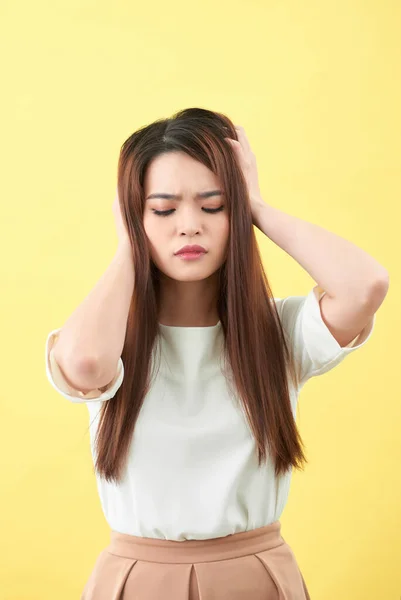 Asian Young Beautiful Woman Touching Her Hair Yellow Background — Stock Photo, Image