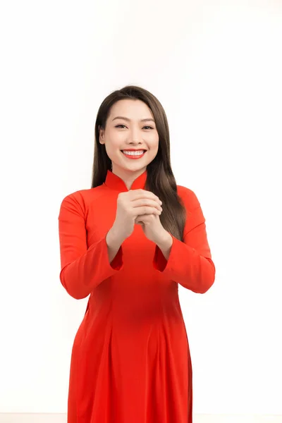 Menina Asiática Jovem Vestido Tradicional Dai Sorrindo Cumprimentando Celebrando Ano — Fotografia de Stock