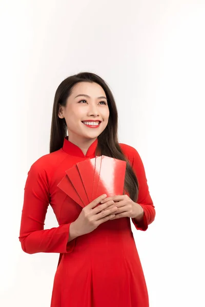 Feliz Ano Novo Lunar Jovem Mulher Vietnamita Tradicional Vestido Vermelho — Fotografia de Stock