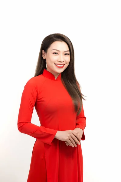 Mulher Vietnamita Vermelho Dai Vestido Sorriso Feliz Ano Novo Lunar — Fotografia de Stock