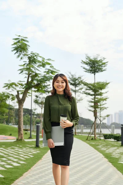 Elegant Successful Bsuiness Woman Walking Outdoors Cup Take Away Coffee — Stock Photo, Image