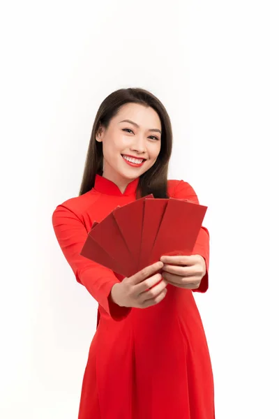 Mulheres Bonitas Com Dai Ano Novo Lunar Pacote Vermelho Presente — Fotografia de Stock