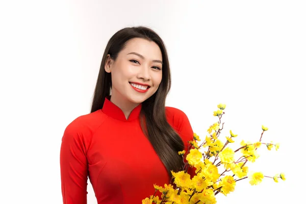 Mulher Beleza Vestido Tradicional Vietnamita Dai Flor Damasco Ano Novo — Fotografia de Stock