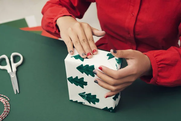 Female Hands Wrap Christmas Gift Blue Background Close Xmas Concept — Stock Photo, Image