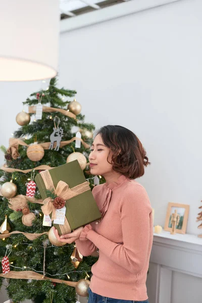 Una Joven Tiene Regalo Cerca Del Árbol Navidad —  Fotos de Stock