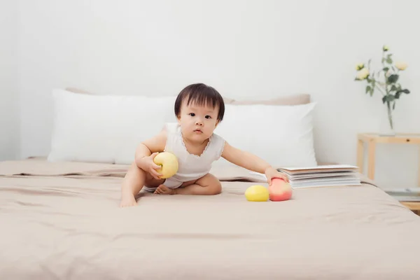 Cute Baby Playing Toy Bed Kid Playing Home — Stock Photo, Image