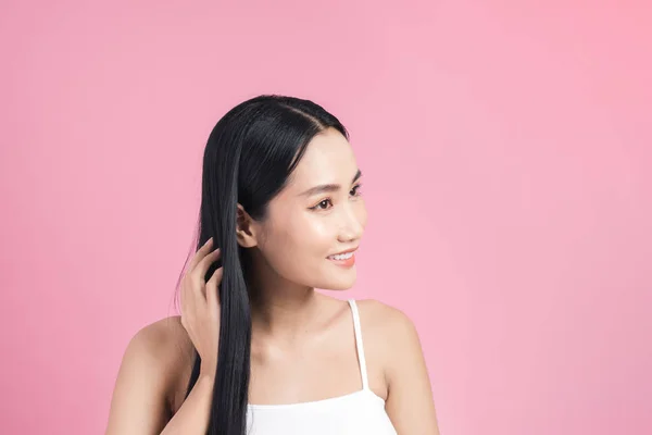 Beautiful Asian Woman Portrait Long Healthy Straight Shiny Hair Touching — Stock Photo, Image