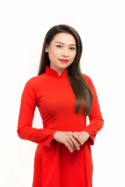 Glad Kinesisk Nytt Vacker Asiatisk Kvinna Bär Röd Vietnamesisk Traditionell — Stockfoto
