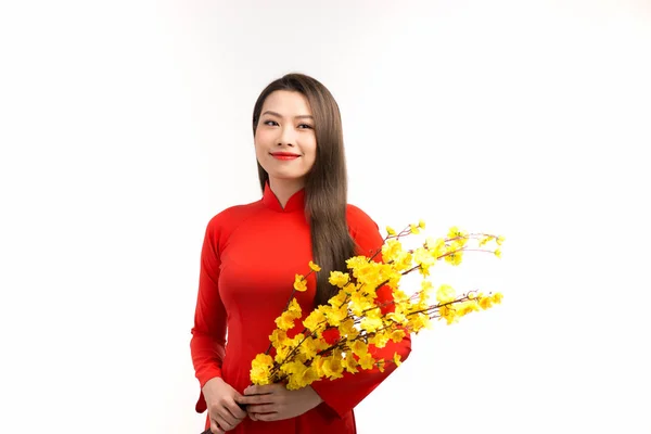 Вьетнамская Женщина Цветами Означает Счастливого Нового Года — стоковое фото