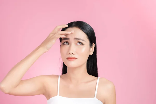 Young Asian Woman Touch Worry Her Face Acne Pimple Clear — Stock Photo, Image