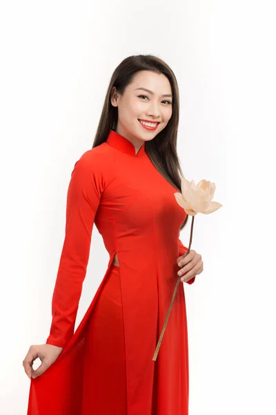 Young Woman Wearing Red Dai Looking Away Toothy Smile While — 스톡 사진