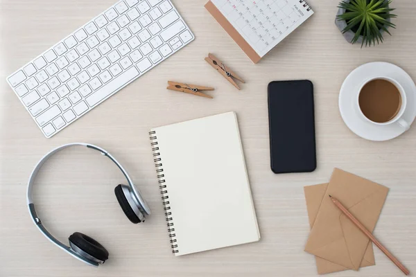 Desk Musician Songwriter Work Headphones Smartphone Color Background Top View — Stock Photo, Image