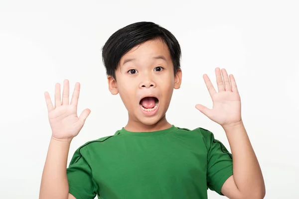 Neşeli Şaşırmış Asyalı Elleri Havada Bir Çocuğun Portresi — Stok fotoğraf