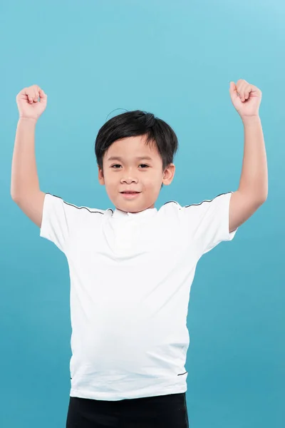 Cute Asian Boy Smiles Raised Arms — Stock Photo, Image