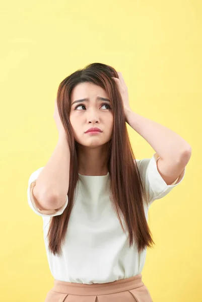 Woman Holding Damaged Hair Hand Looking Isolated Portrait — Stock Photo, Image