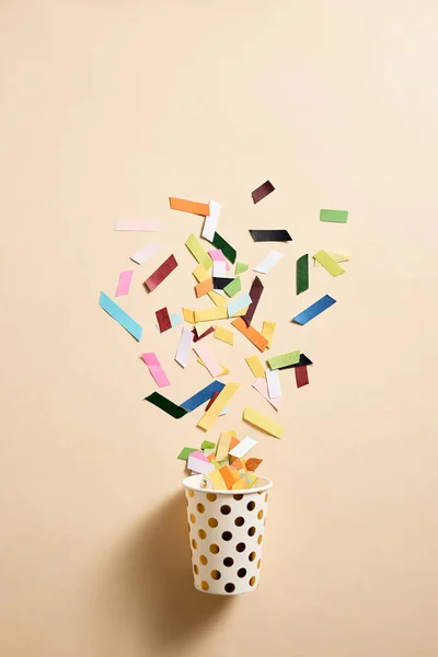 Drinking Paper Cup Multicolored Confetti Scattered Party Background Greeting Card — Stock Photo, Image