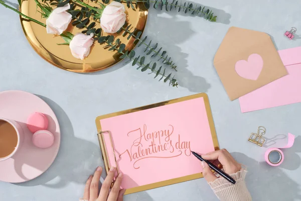 Carta Amor Valentim Bloco Notas Conceito Com Rosas Rosa Macaroon — Fotografia de Stock