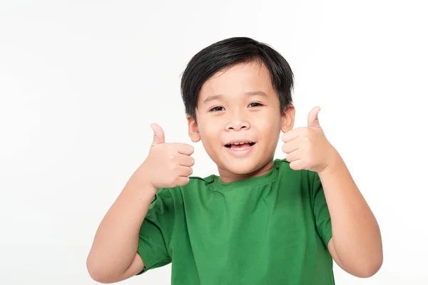 Πολύ Χαρούμενος Ασιατικό Αγόρι Κάνει Τους Αντίχειρες Επάνω Σημάδι Χέρια — Φωτογραφία Αρχείου