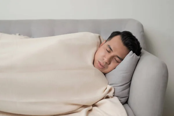 Asian Eldely Sick Man Feel Headache Lying Sofa Home — Stock Photo, Image