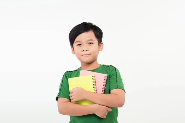Έξυπνο Νεαρό Αγόρι Βιβλία Σχετικά Λευκό Φόντο — Φωτογραφία Αρχείου