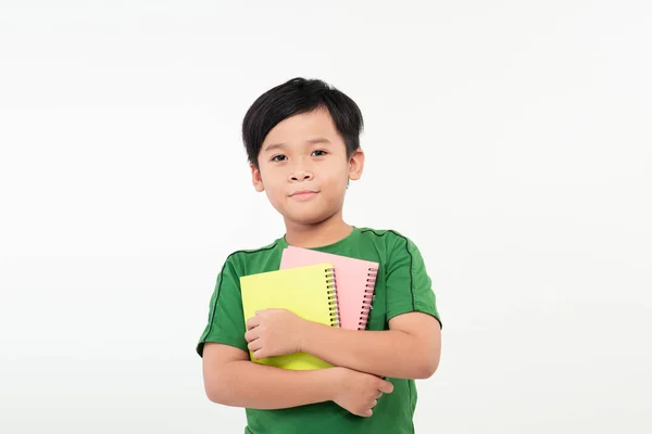 Slimme Jongen Met Boeken Witte Achtergrond — Stockfoto