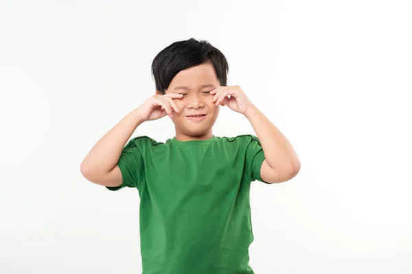 Niño Pequeño Frotando Cansado Los Ojos Lectura Activa — Foto de Stock