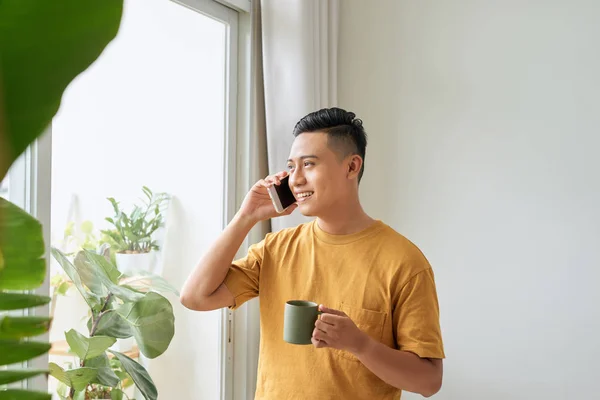 Smiling young man talking on mobile phone, looking at the window at home