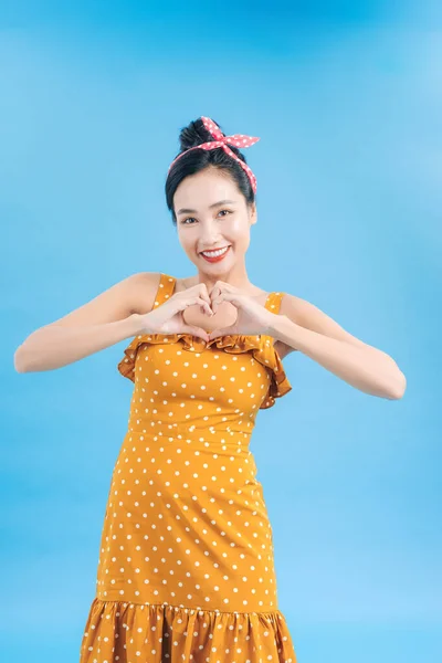 Love Closeup Portrait Smiling Happy Pin Woman Making Heart Sign — 스톡 사진