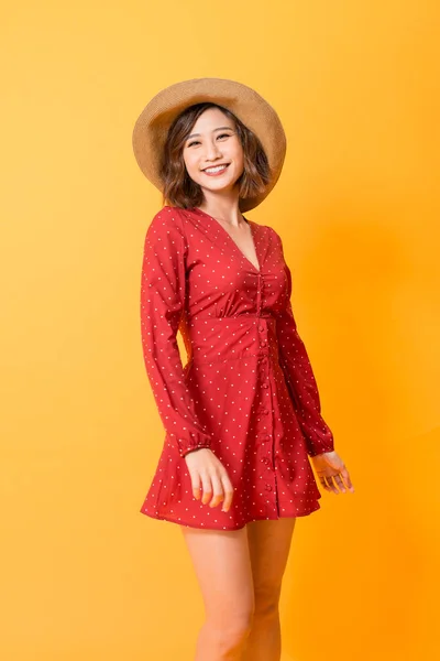 Portrait Young Beautiful Asian Woman Wear Red Dress Hat Orange — Stock Photo, Image